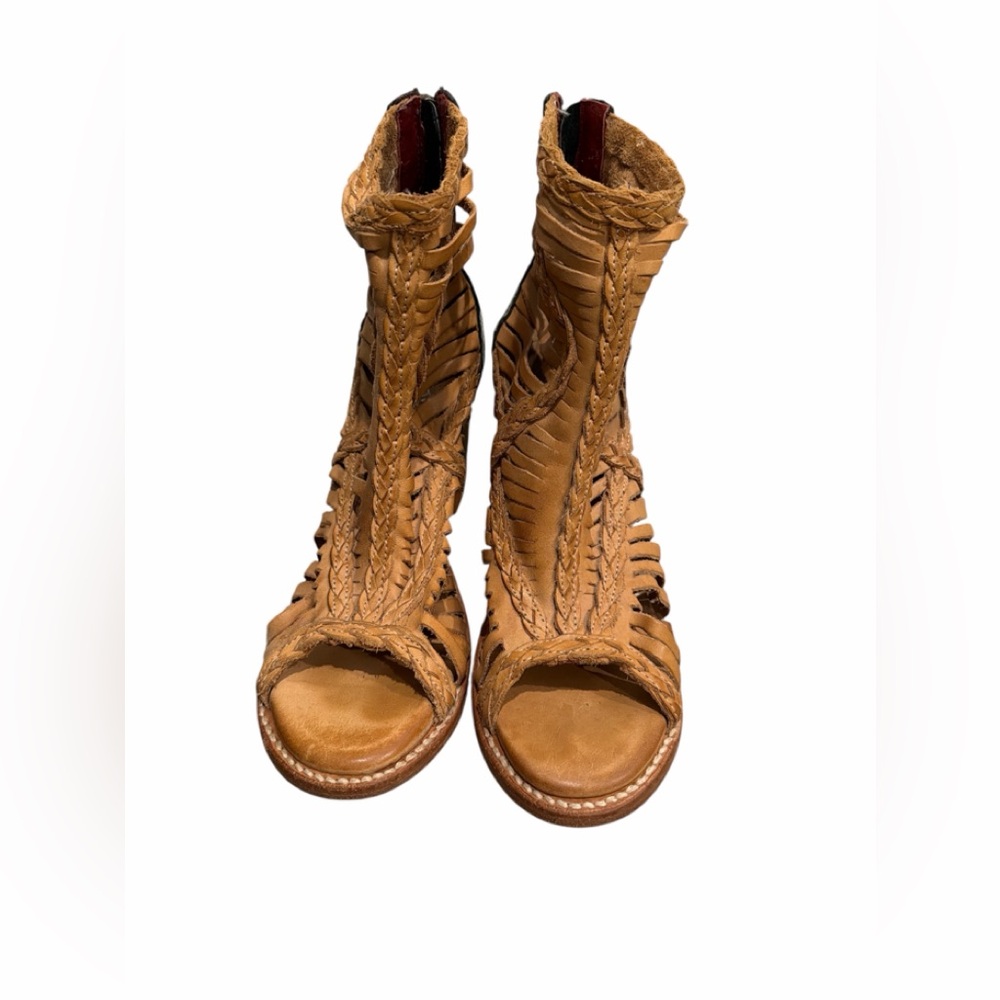 Freebird Bella Open Toe Leather Booties Tan with Turquoise Snake Print Sz. 9 - Picture 4 of 8